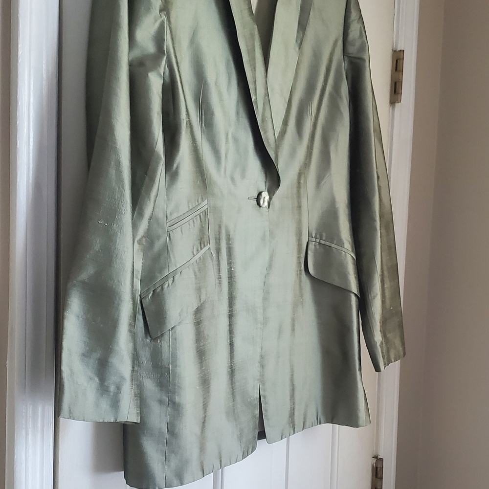 Vintage RENLYN NY 100% Silk Sage Green Oversized Blazer Jacket Size 12 - Picture 4 of 8